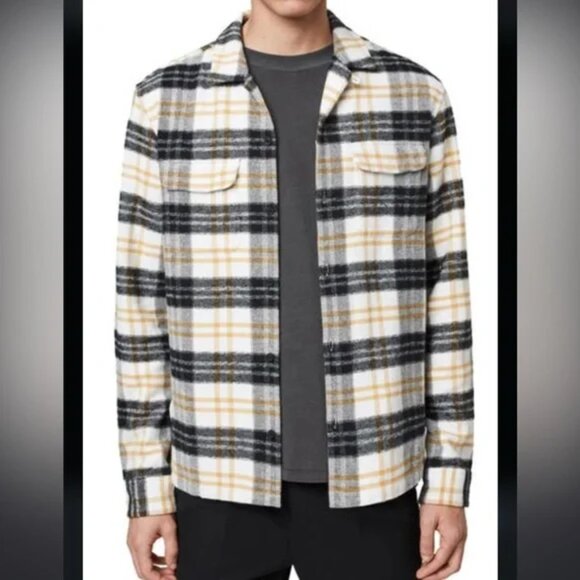 Allsaints Mens Lenado Fleece Plaid Button Down Shirt‎ Yellow Black size medium - Picture 1 of 10